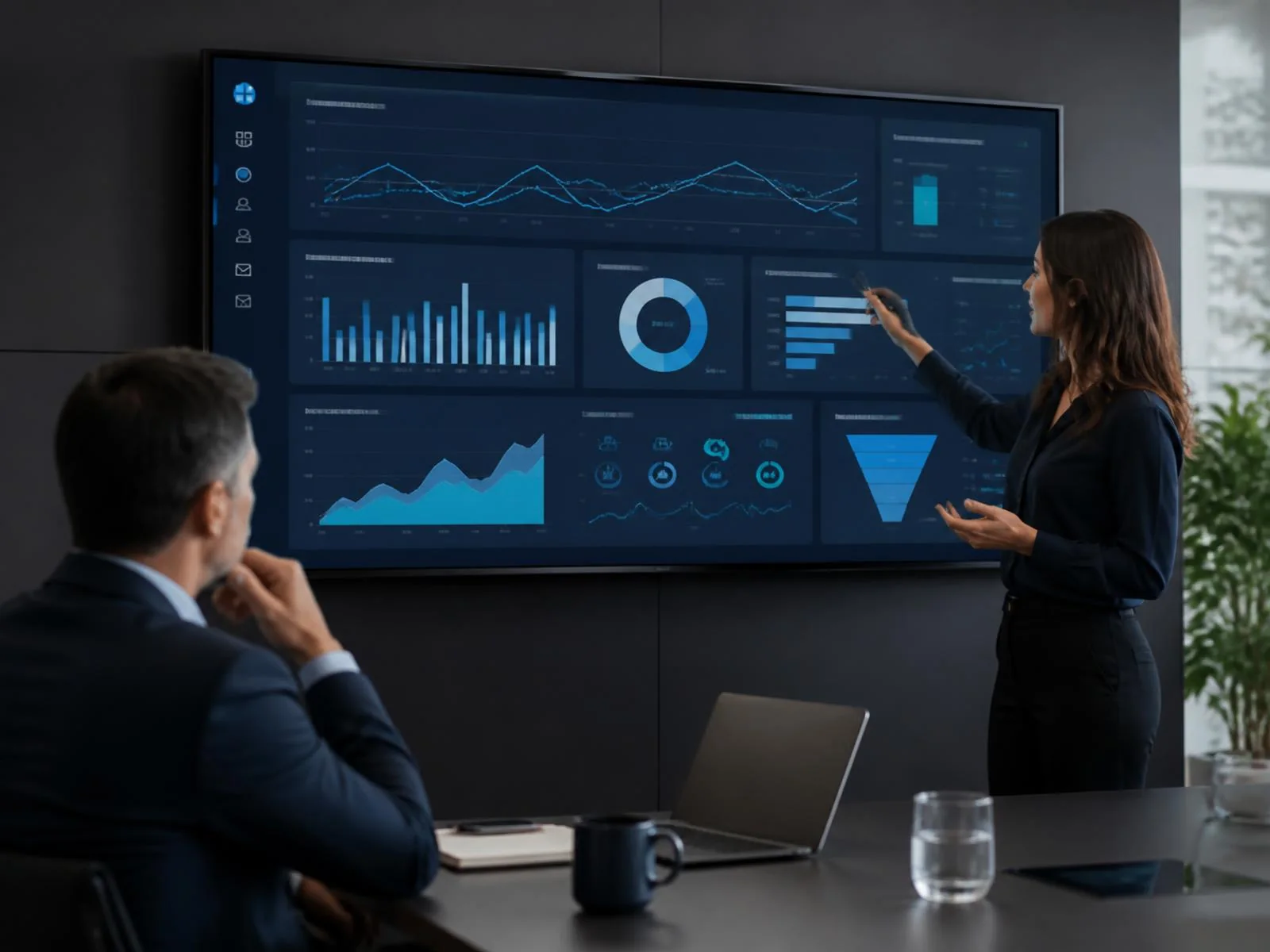 A data strategist presenting a business performance dashboard to a company leader