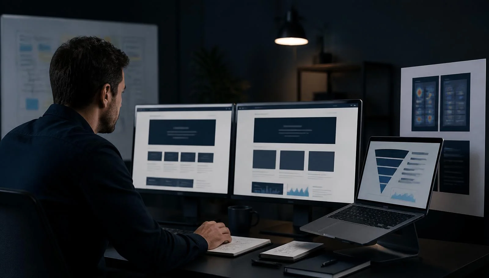 An analyst comparing two website variations with a conversion funnel and restrained heatmap