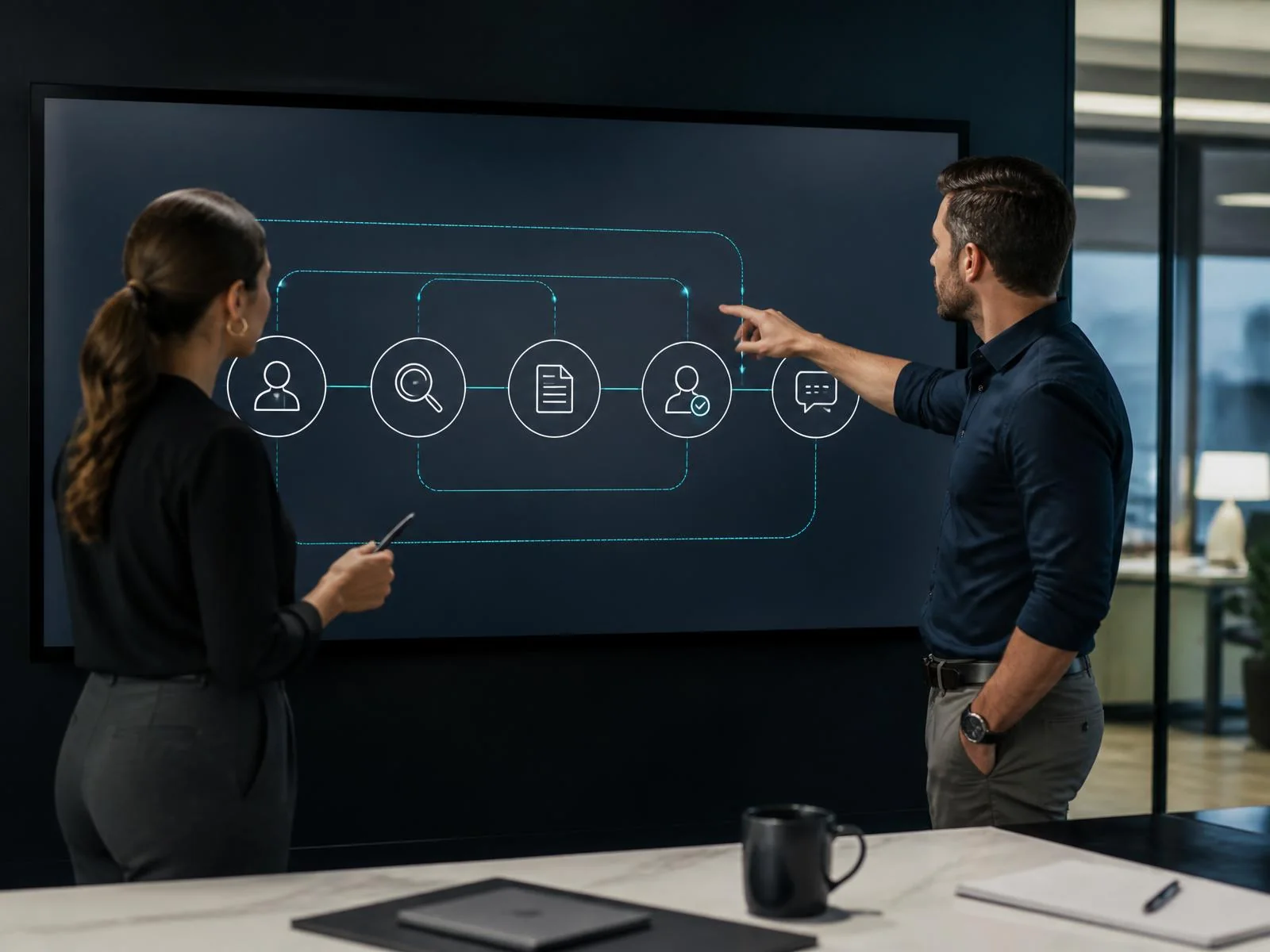 An operations specialist and sales manager mapping a connected customer workflow