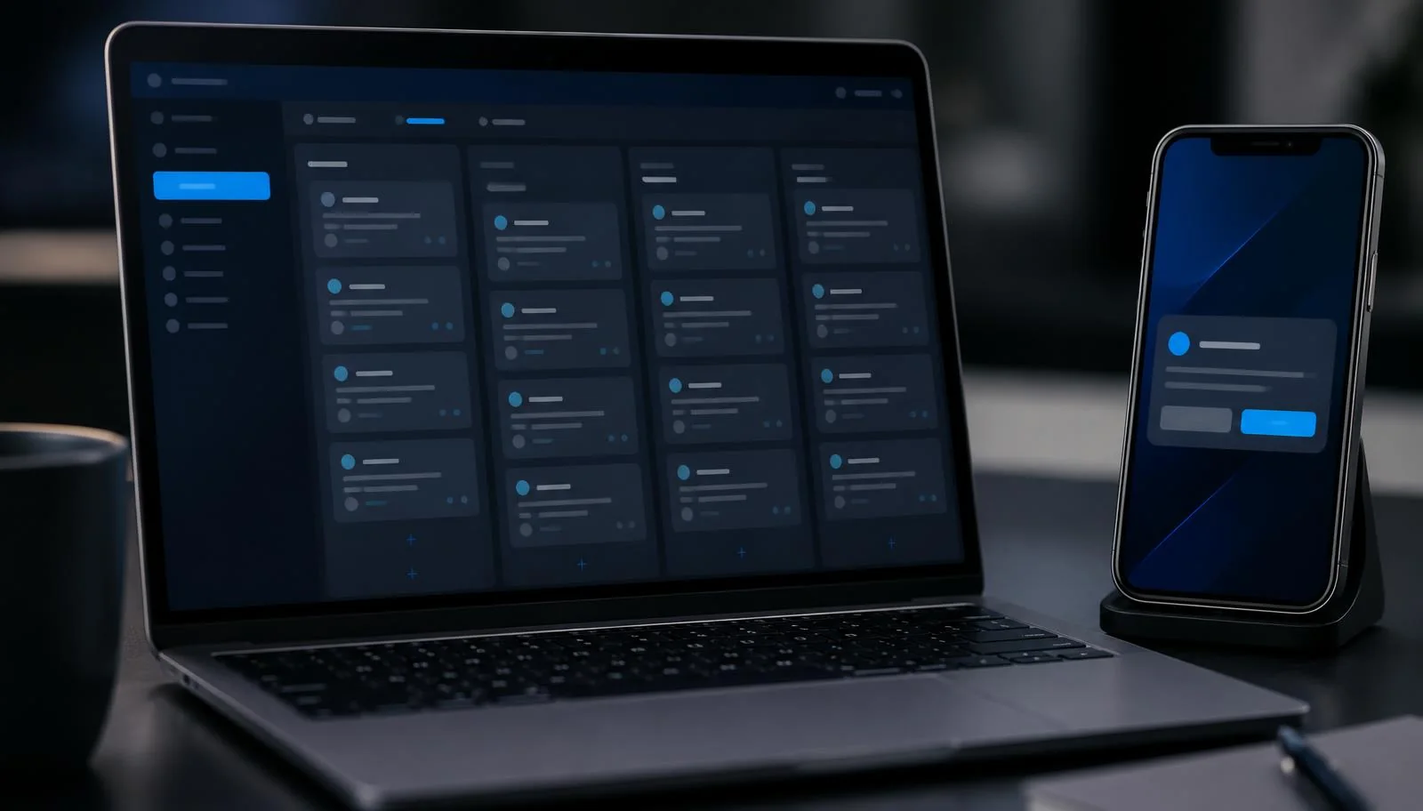 A laptop showing a sales pipeline beside a phone with an appointment notification