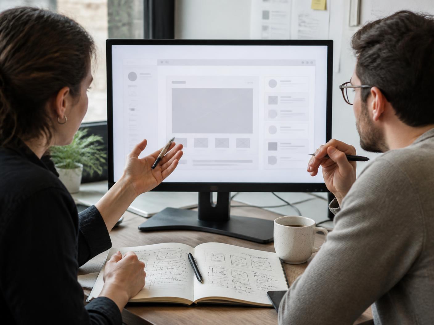 Two colleagues reviewing an interface wireframe on a monitor beside a notebook of sketches