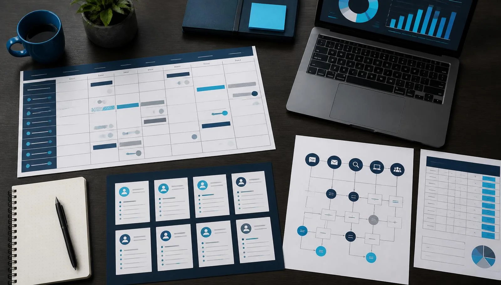 An organized marketing planning table with a campaign calendar, channel map and laptop