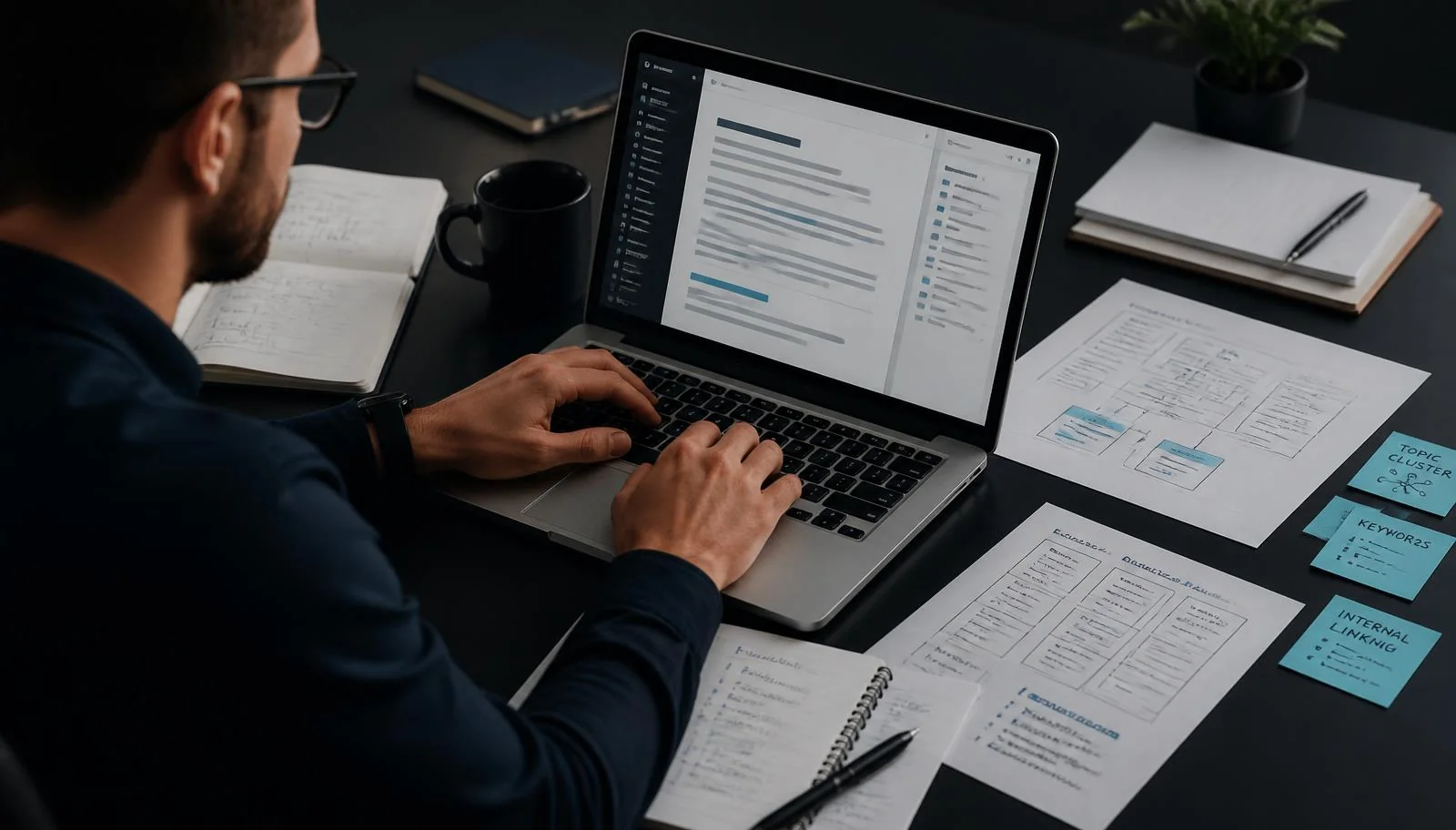 A content specialist editing an article beside page outlines and internal-linking notes