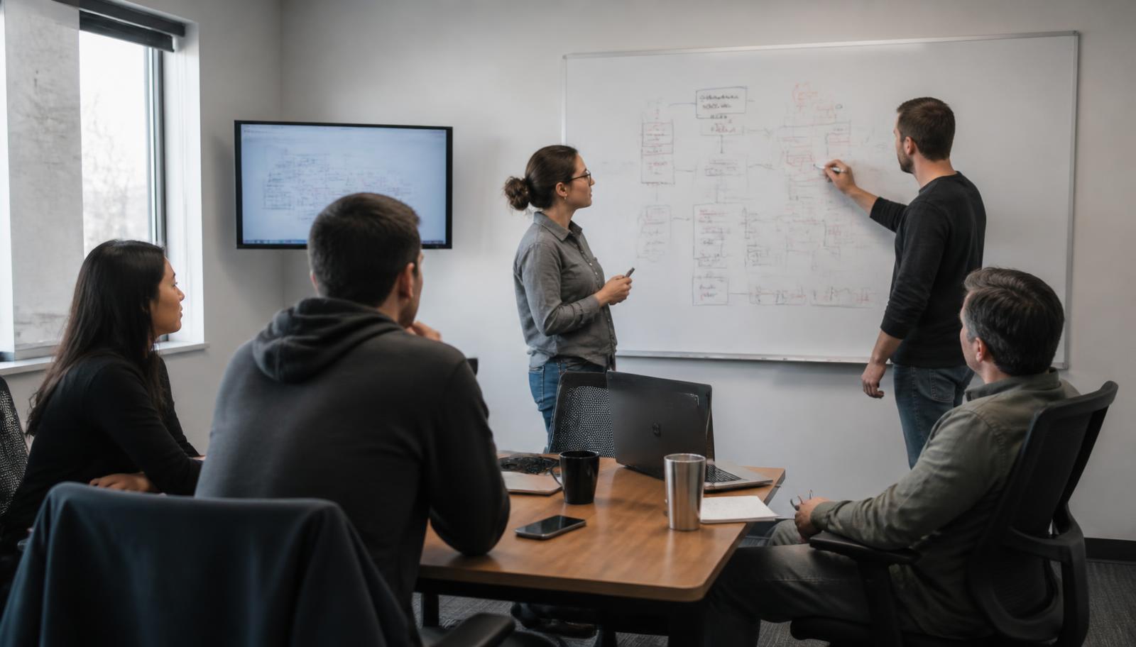 A group of colleagues reviewing a system diagram on a whiteboard in a small meeting room